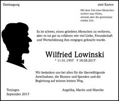 Danksagung Wilfried Lowinski