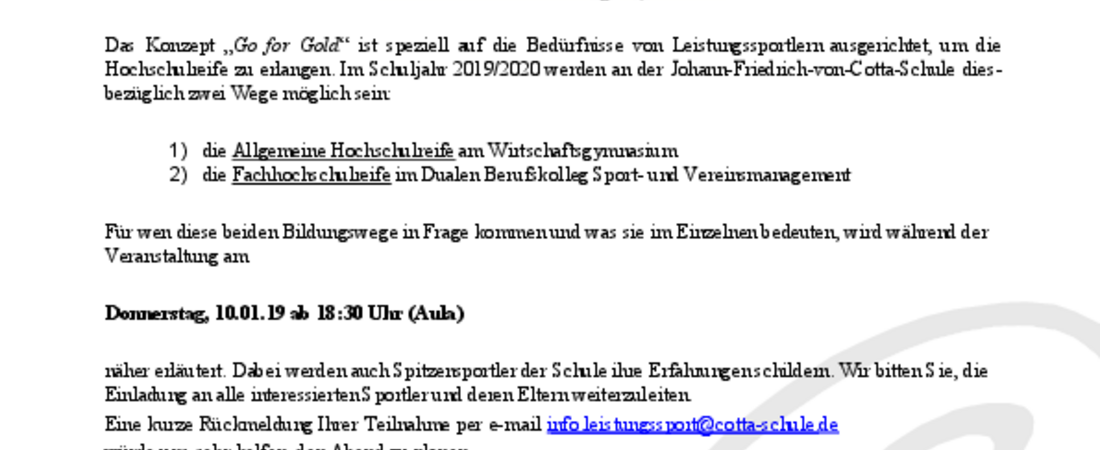 „Go for Gold“ - Abitur für Leistungssportler